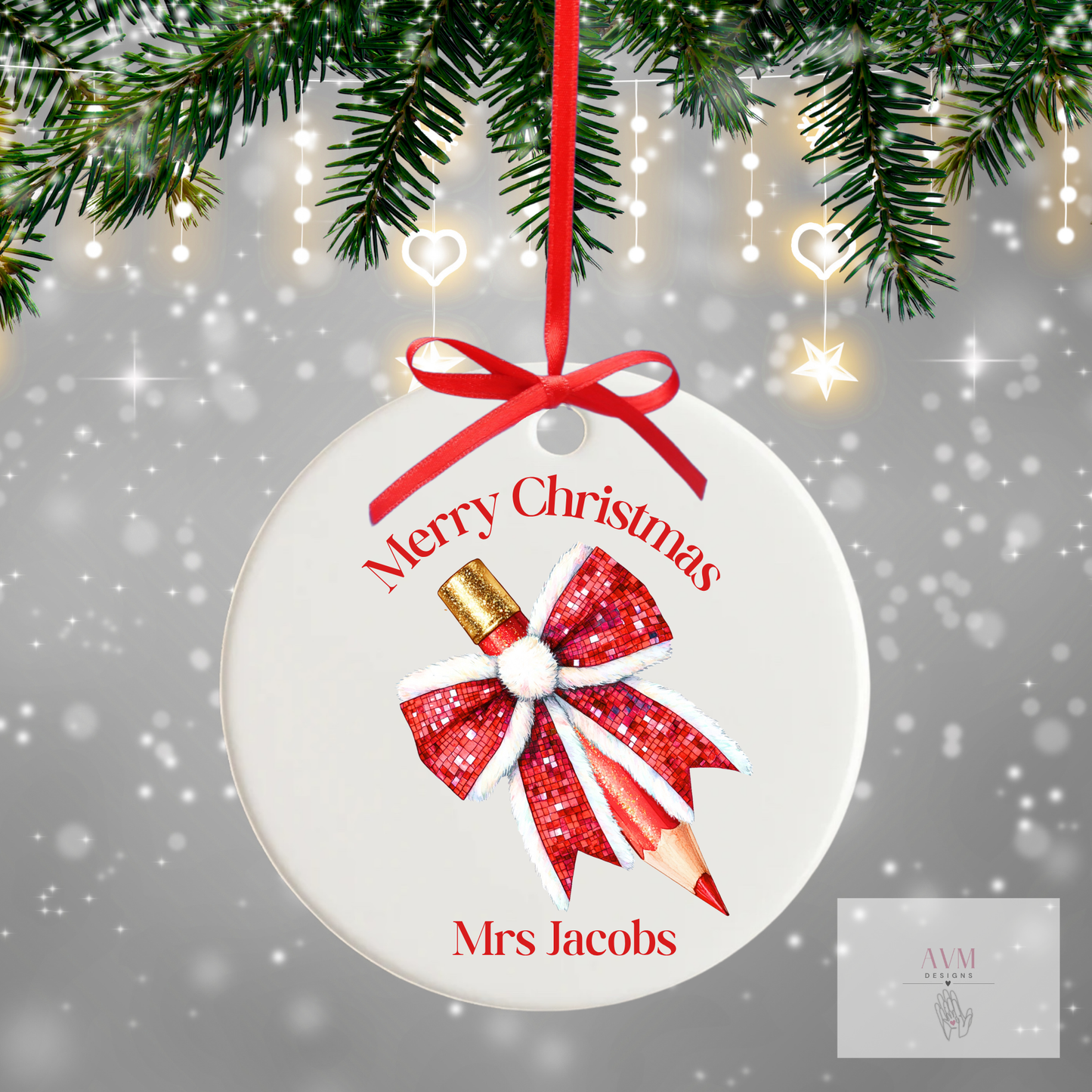 Bow pencil personalised teacher bauble design 1