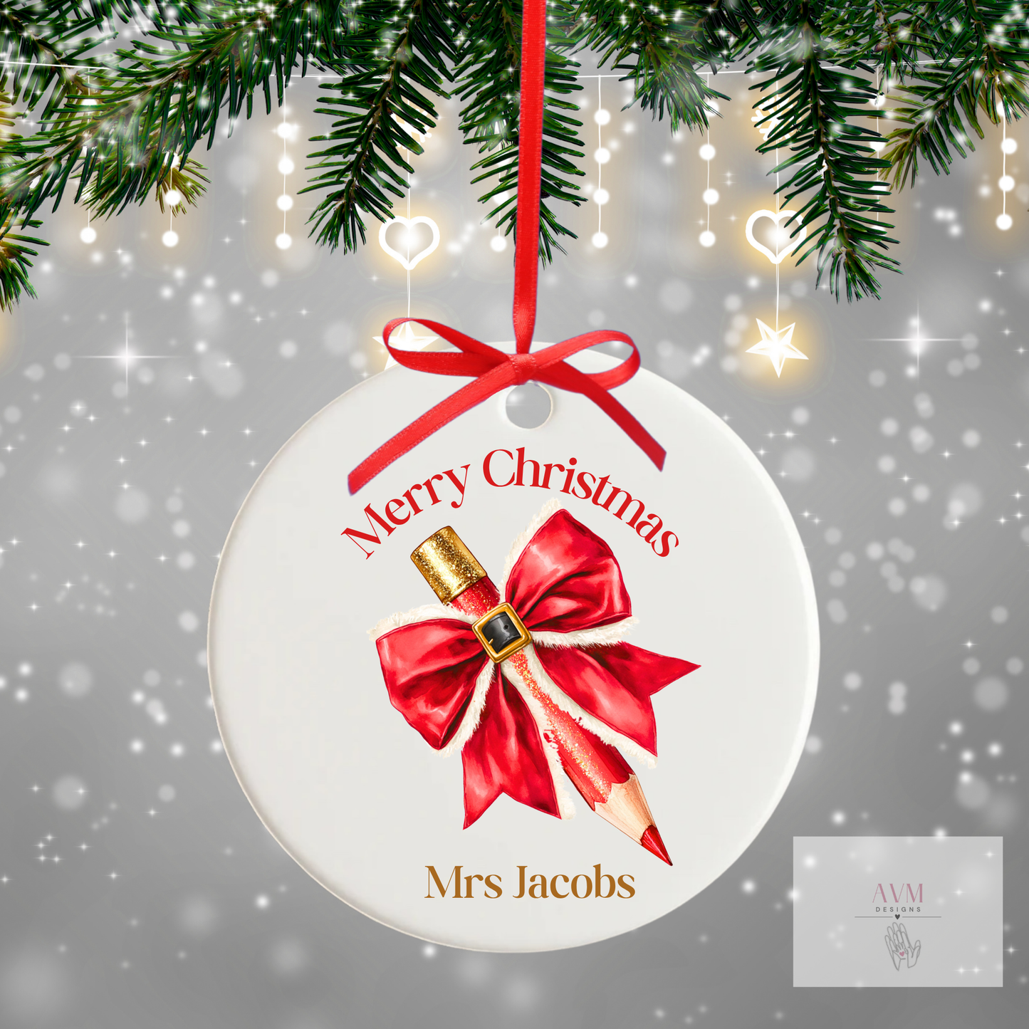 Bow pencil personalised teacher bauble design 2