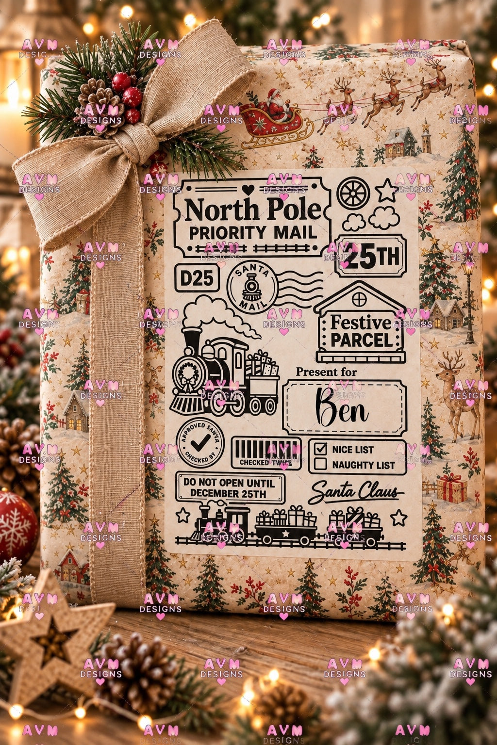 Design 3 Christmas Train personalised Christmas gift label example for Ben
