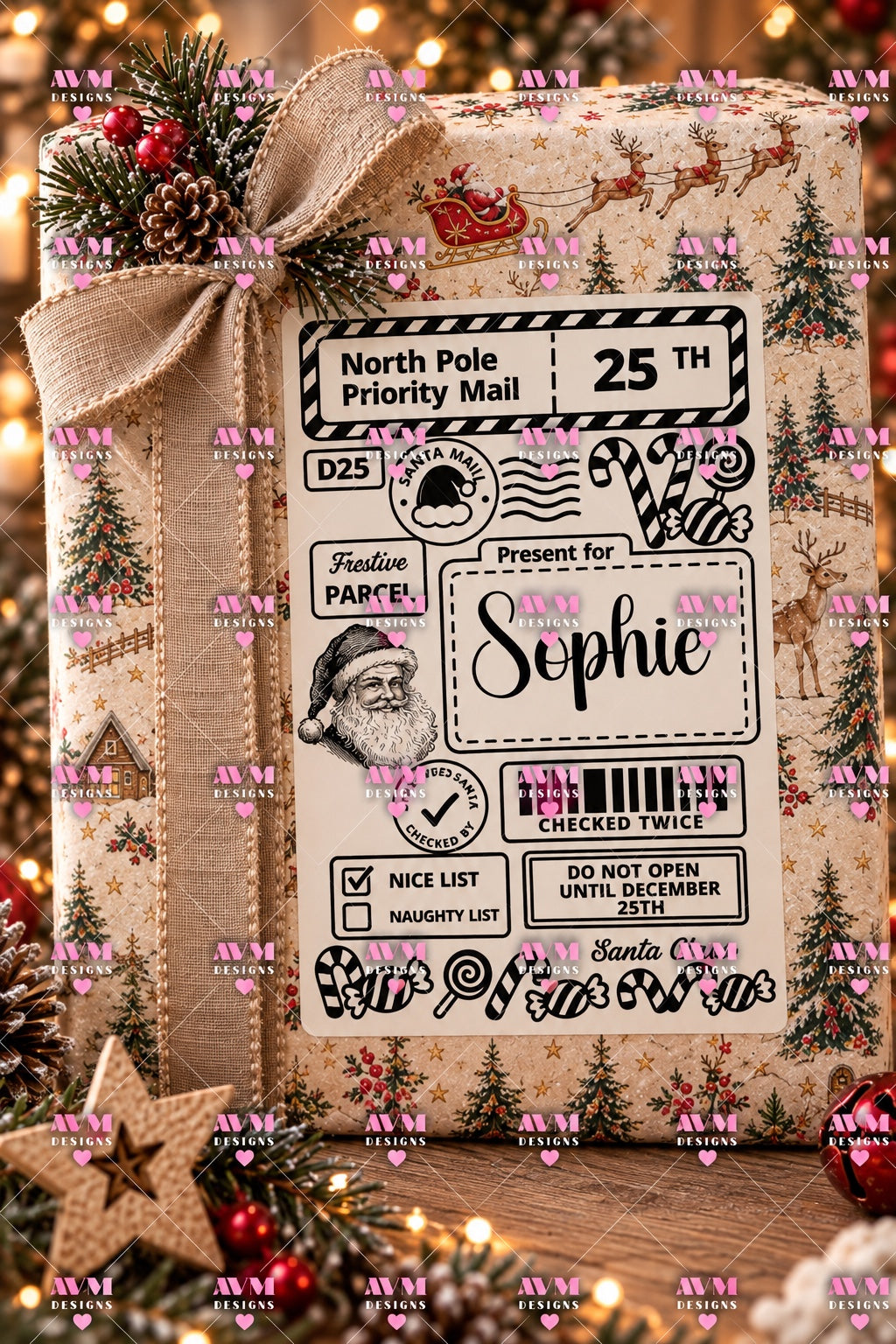 Design 5 Santa & Sweets personalised Christmas gift label example for Sophie