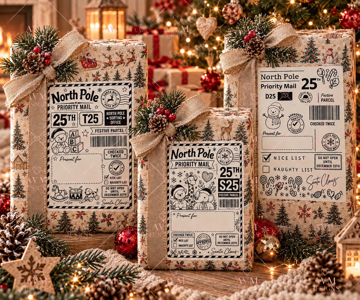 Mixed designs personalised Christmas gift labels by AVM Designs