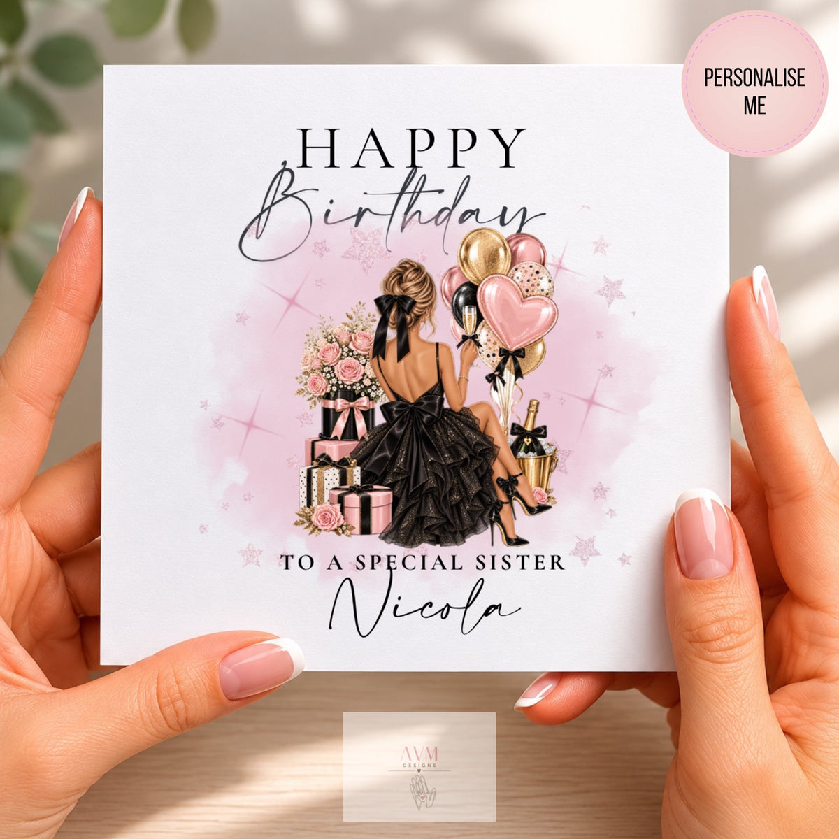 Personalised Happy Birthday To A Special Sister card with glamorous woman, balloons and gifts