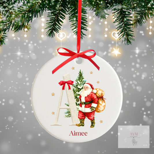 Santa and his sack initial and name personalised bauble