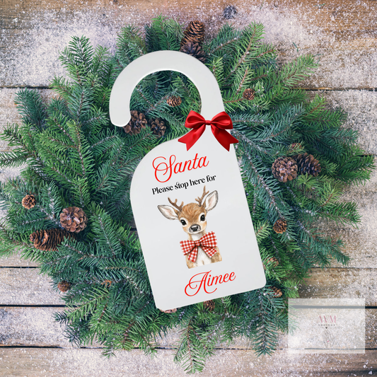 Christmas door hanger red gingham bow deer