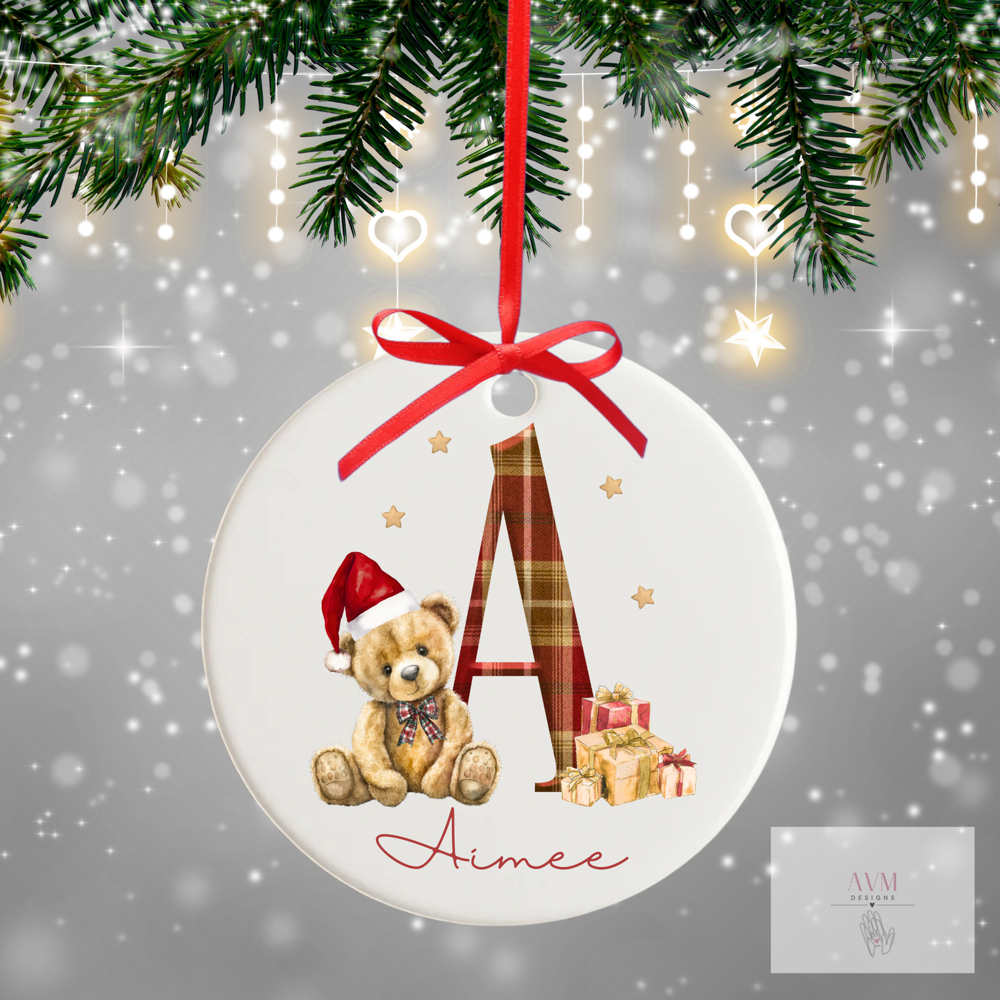 Teddy tartan initial and name personalised bauble
