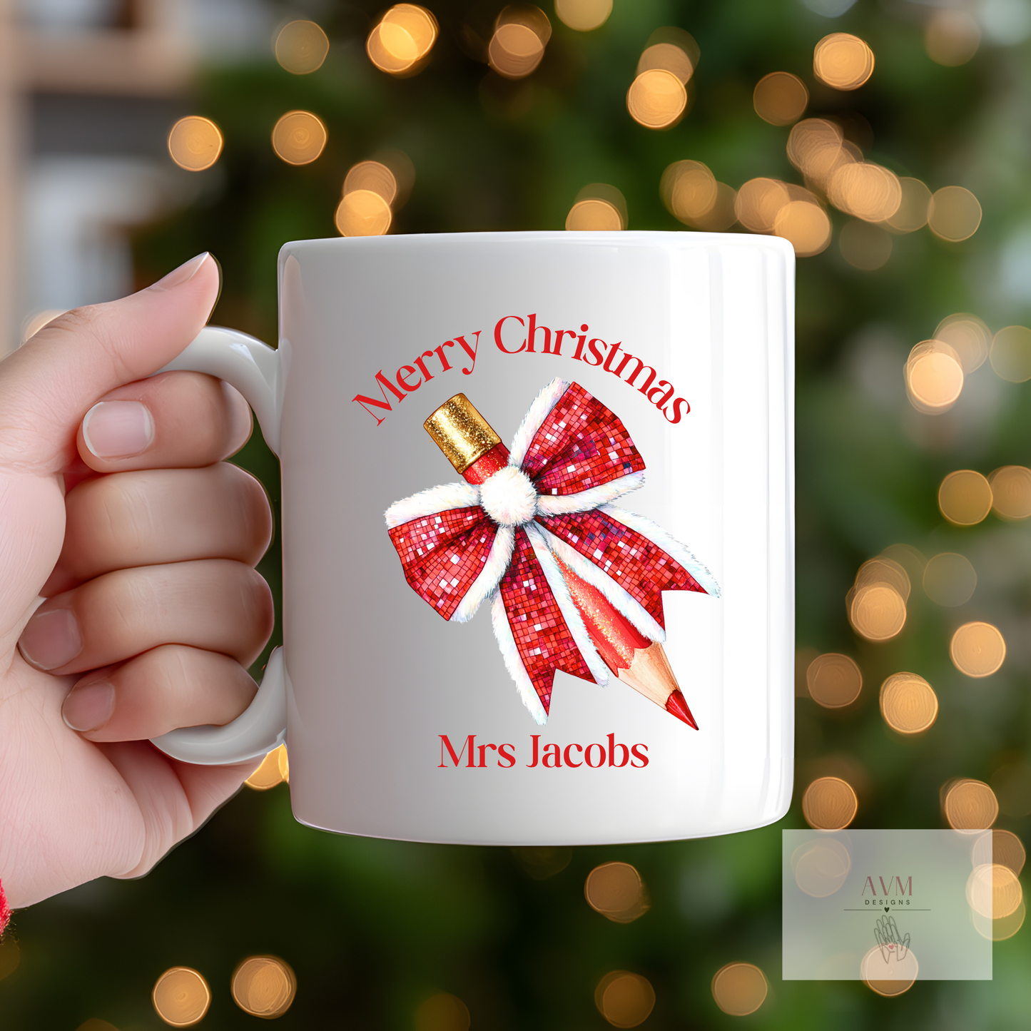 Santa Bow Pencil Design Personalised Teacher Mug
