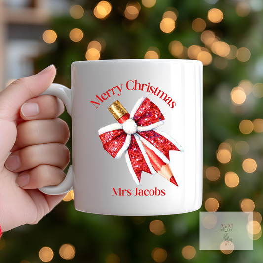 Santa Bow Pencil Design Personalised Teacher Mug