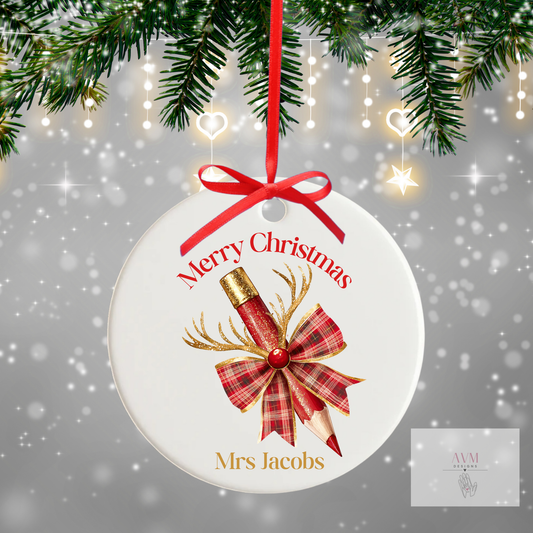Bow pencil personalised teacher bauble design 3