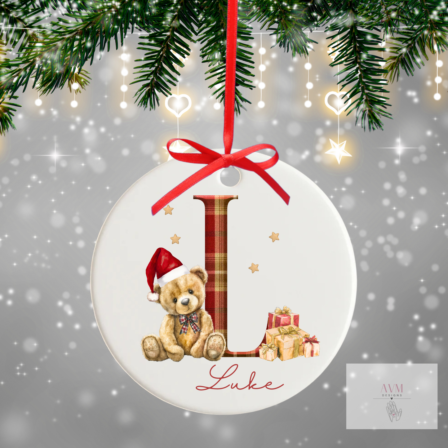 Teddy tartan initial and name personalised bauble