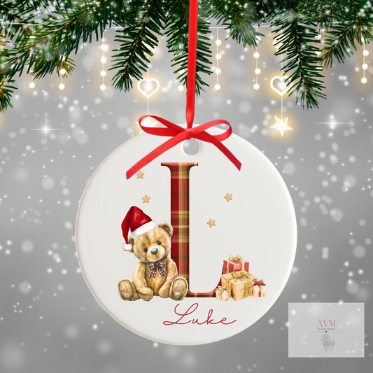 Teddy tartan initial and name personalised bauble