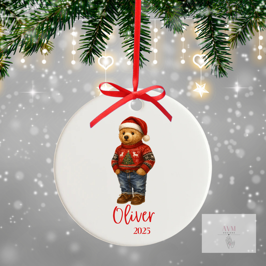 Personalised Christmas Boy Bear Bauble