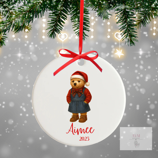 Personalised Christmas Girl Bear Bauble