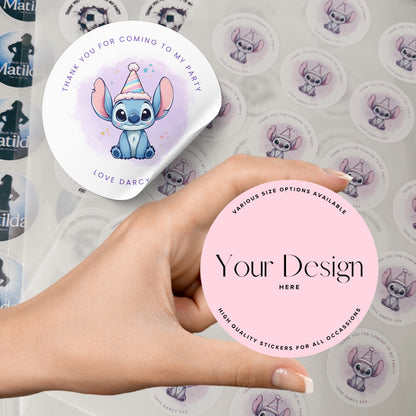 Add your own design custom round stickers in 3cm, 4cm, 5cm and 6cm sizes