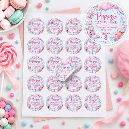 Personalised Candyland birthday stickers on an A4 sheet with 20 stickers