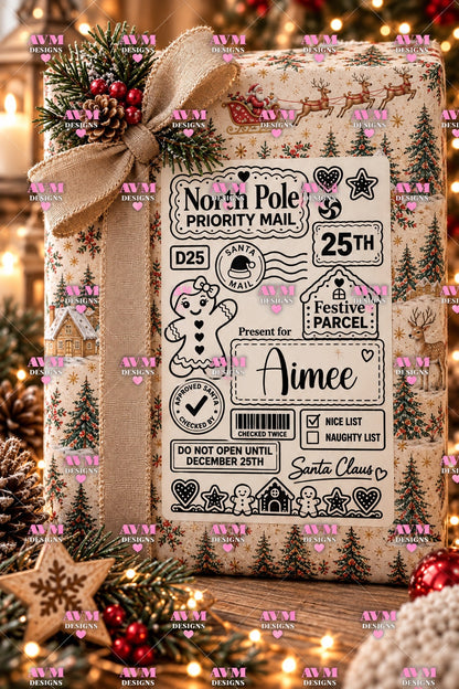 Design 1 Gingerbread Girl personalised Christmas gift label example for Aimee