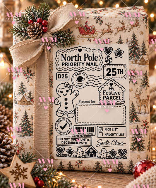 Design 1 Gingerbread Girl personalised North Pole Christmas gift label