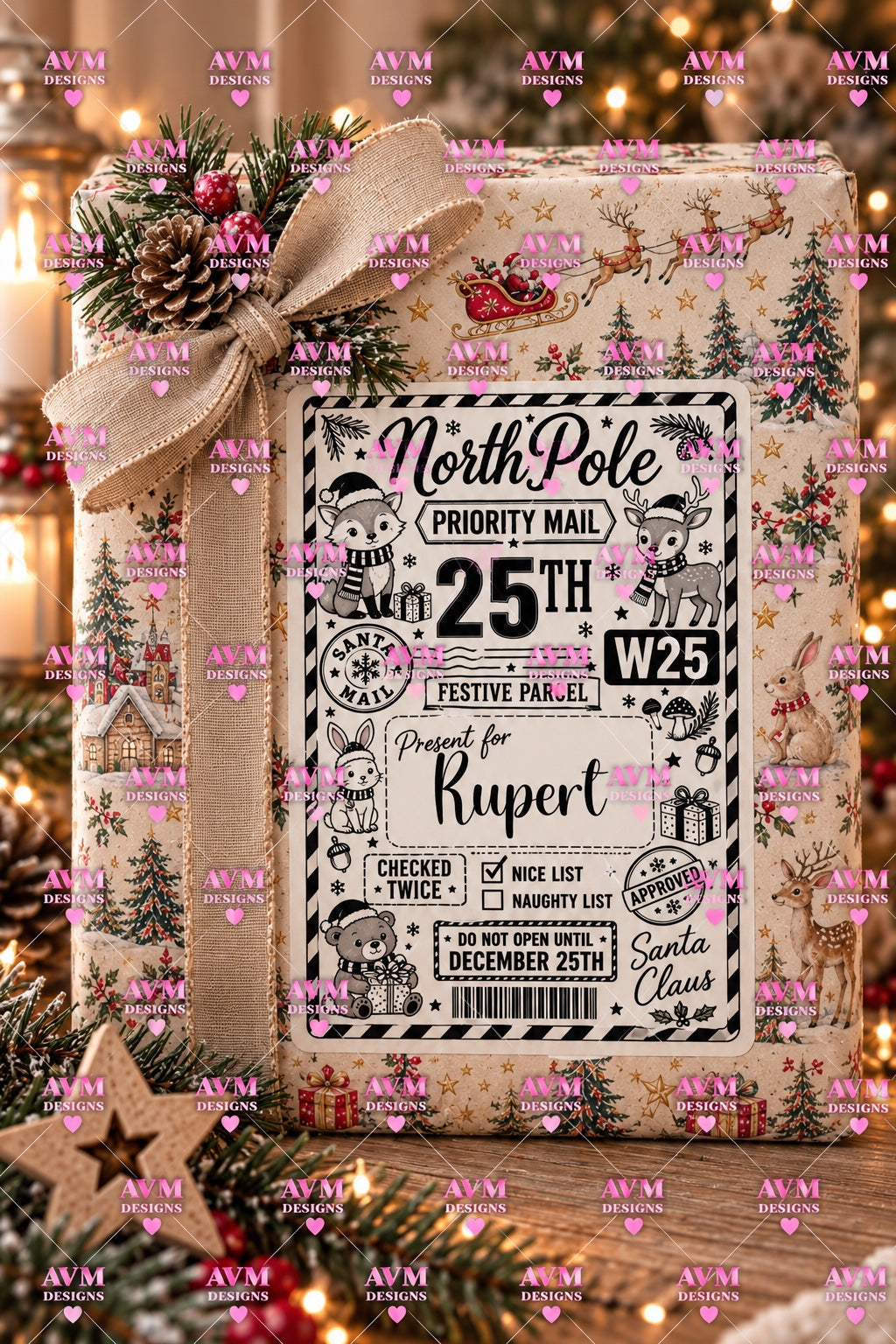 Design 10 Woodland Friends personalised North Pole Christmas gift label example for Rupert