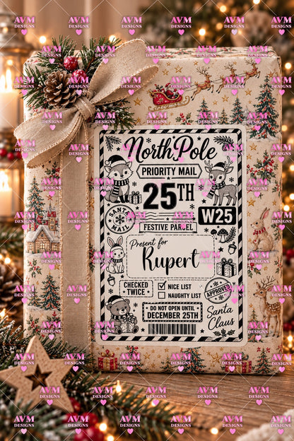 Design 10 Woodland Friends personalised North Pole Christmas gift label example for Rupert