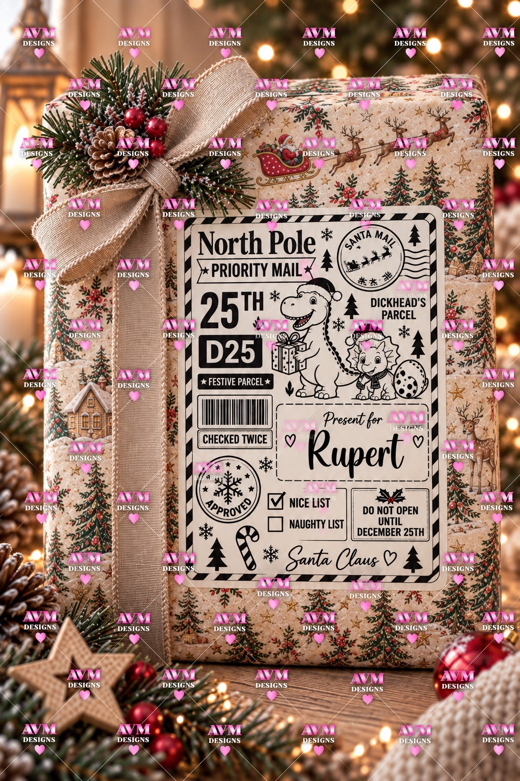 Design 11 Dinosaur Friends personalised North Pole Christmas gift label example for Rupert