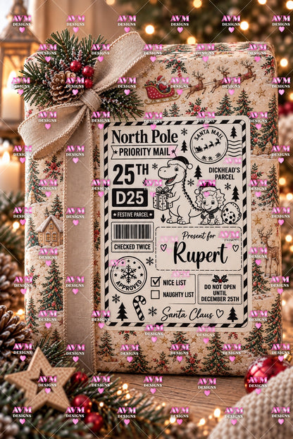 Design 11 Dinosaur Friends personalised North Pole Christmas gift label example for Rupert
