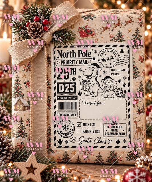 Design 11 Dinosaur Friends personalised North Pole Christmas gift label