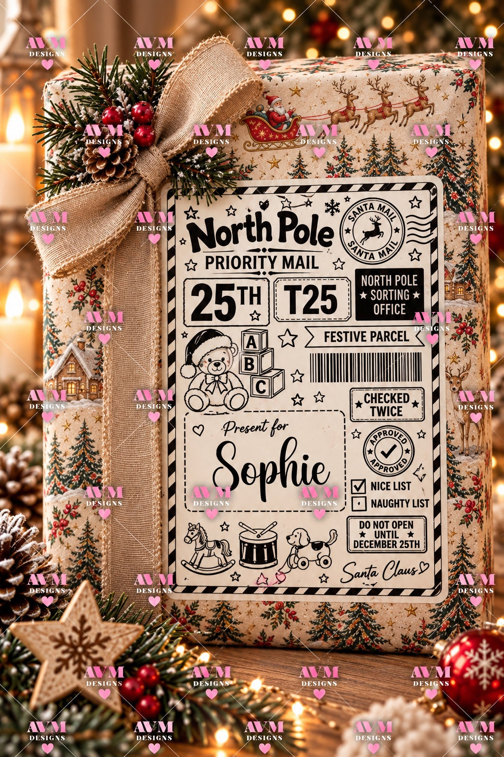 Design 12 Teddy Bear personalised North Pole Christmas gift label example for Sophie