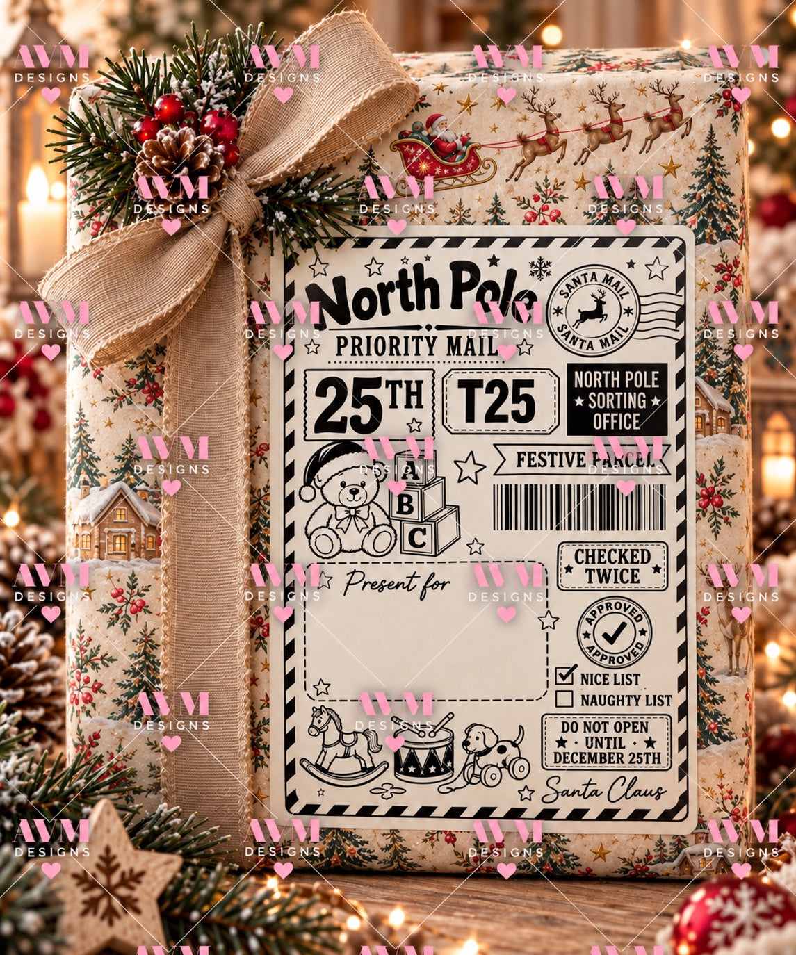 Design 12 Teddy Bear personalised North Pole Christmas gift label