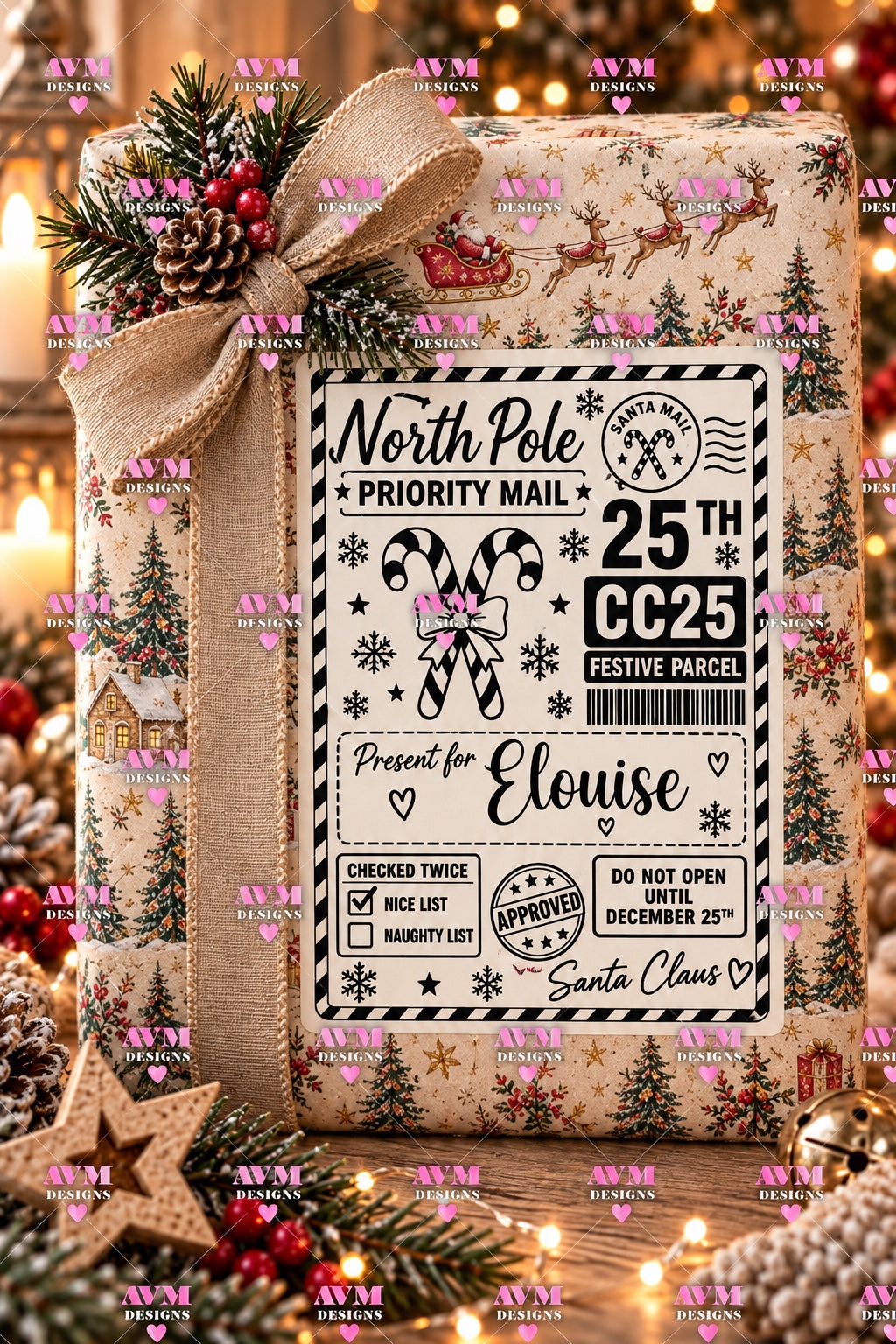 Design 13 Candy Cane personalised North Pole Christmas gift label example for Eloise
