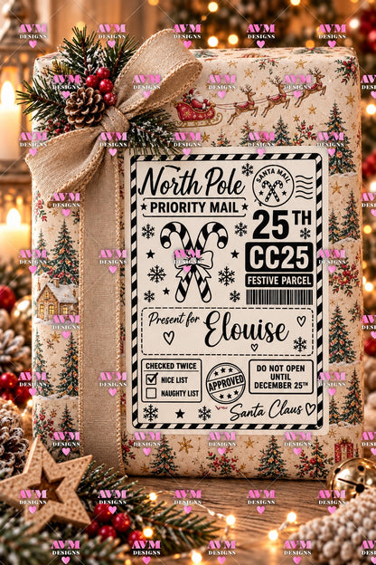 Design 13 Candy Cane personalised North Pole Christmas gift label example for Eloise