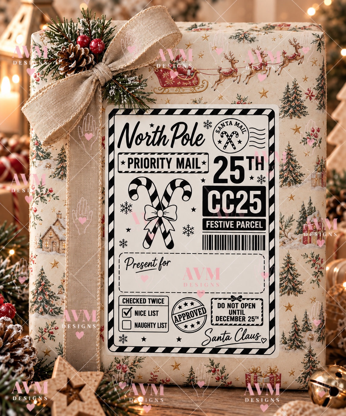 Design 13 Candy Cane personalised North Pole Christmas gift label