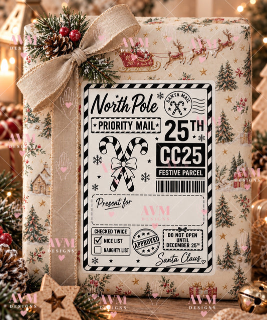 Design 13 Candy Cane personalised North Pole Christmas gift label