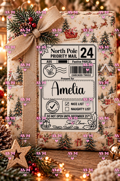 Design 16 North Pole personalised Christmas gift label example for Amelia