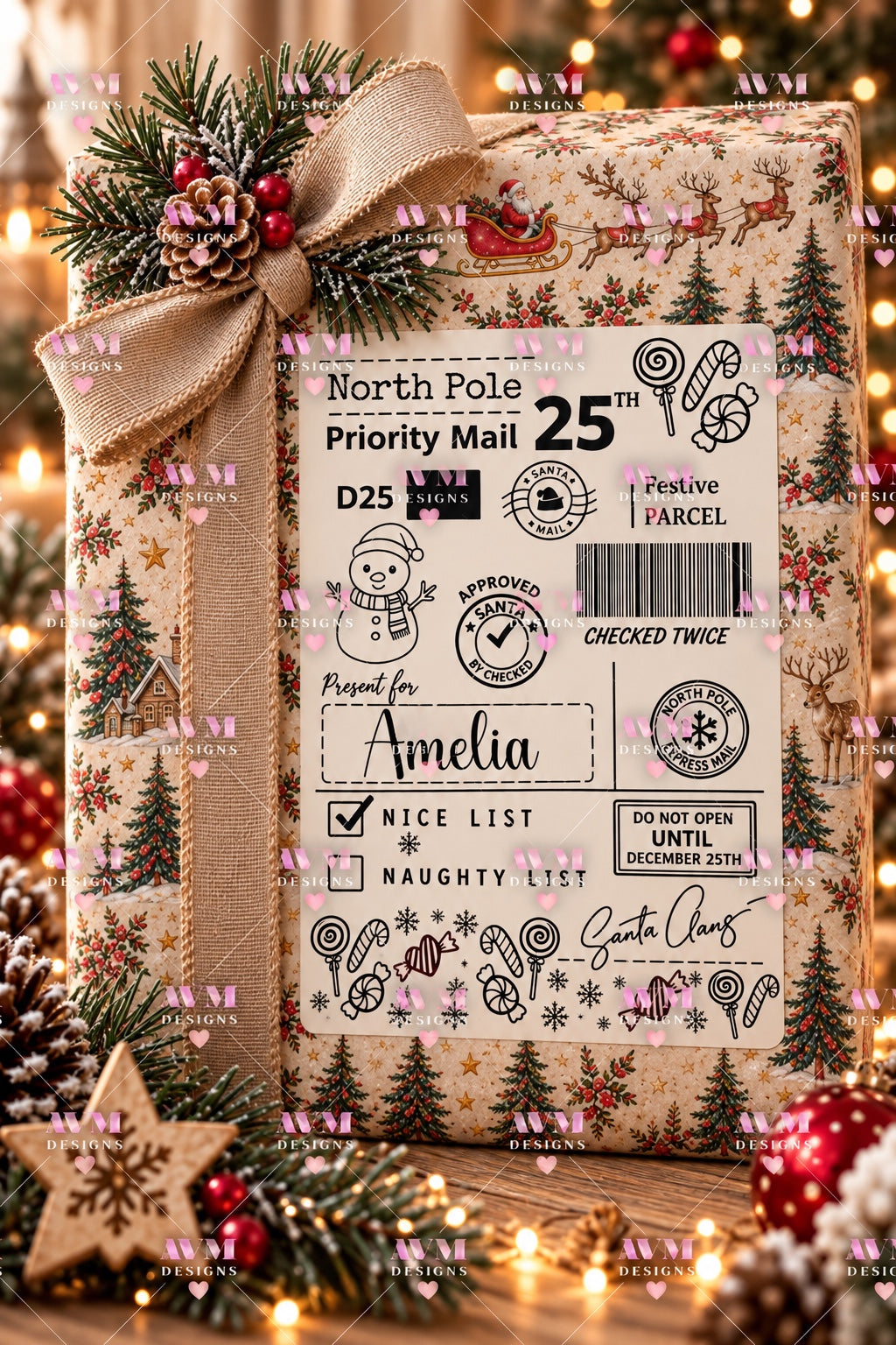 Design 4 Snowman personalised Christmas gift label example for Amelia