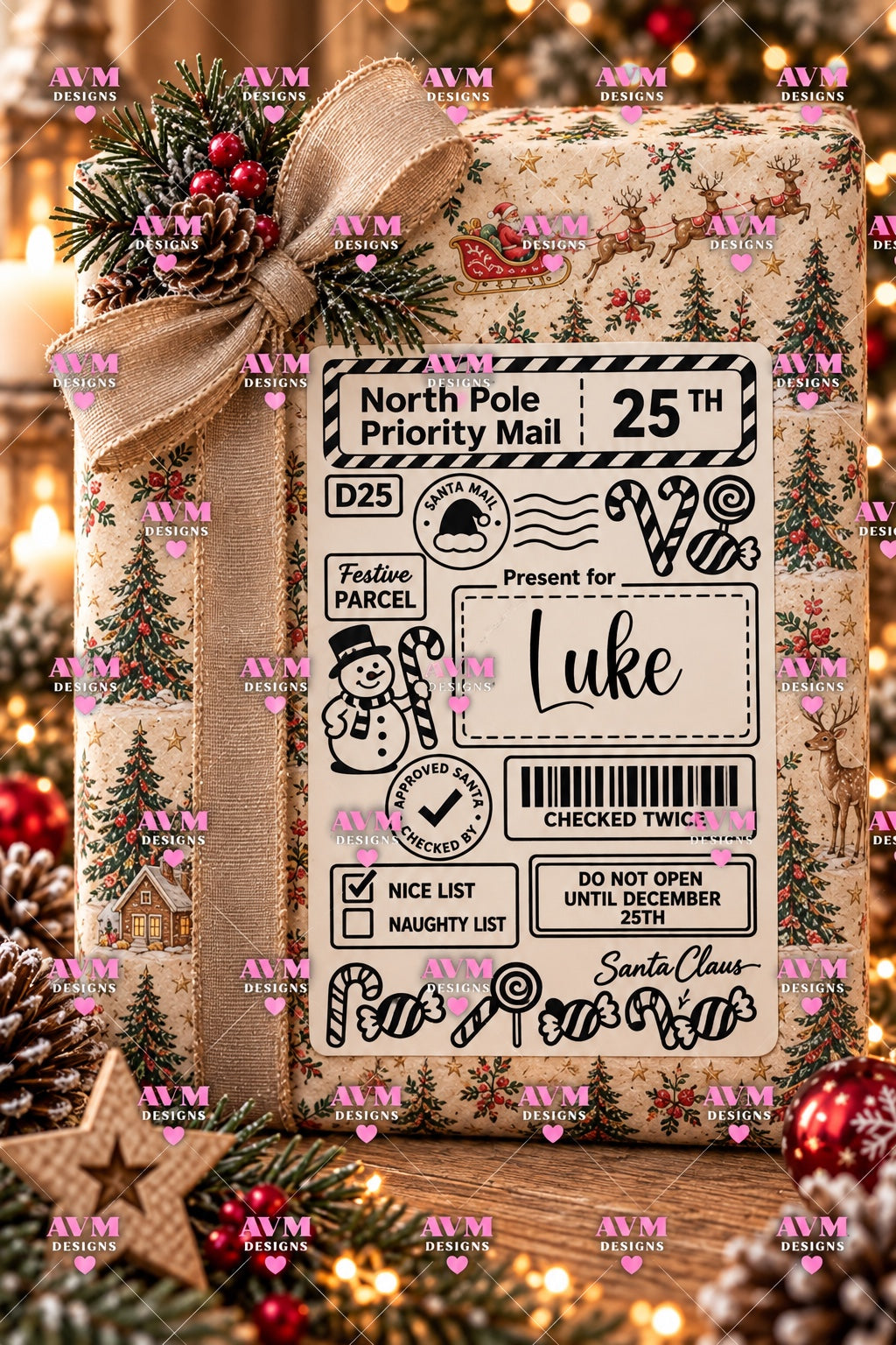 Design 6 Snowman personalised Christmas gift label example for Luke