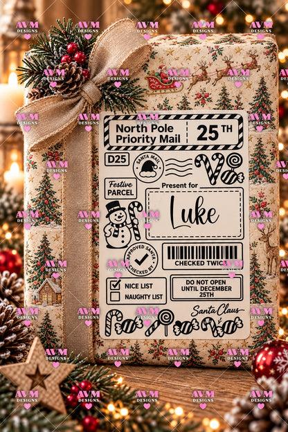 Design 6 Snowman personalised Christmas gift label example for Luke