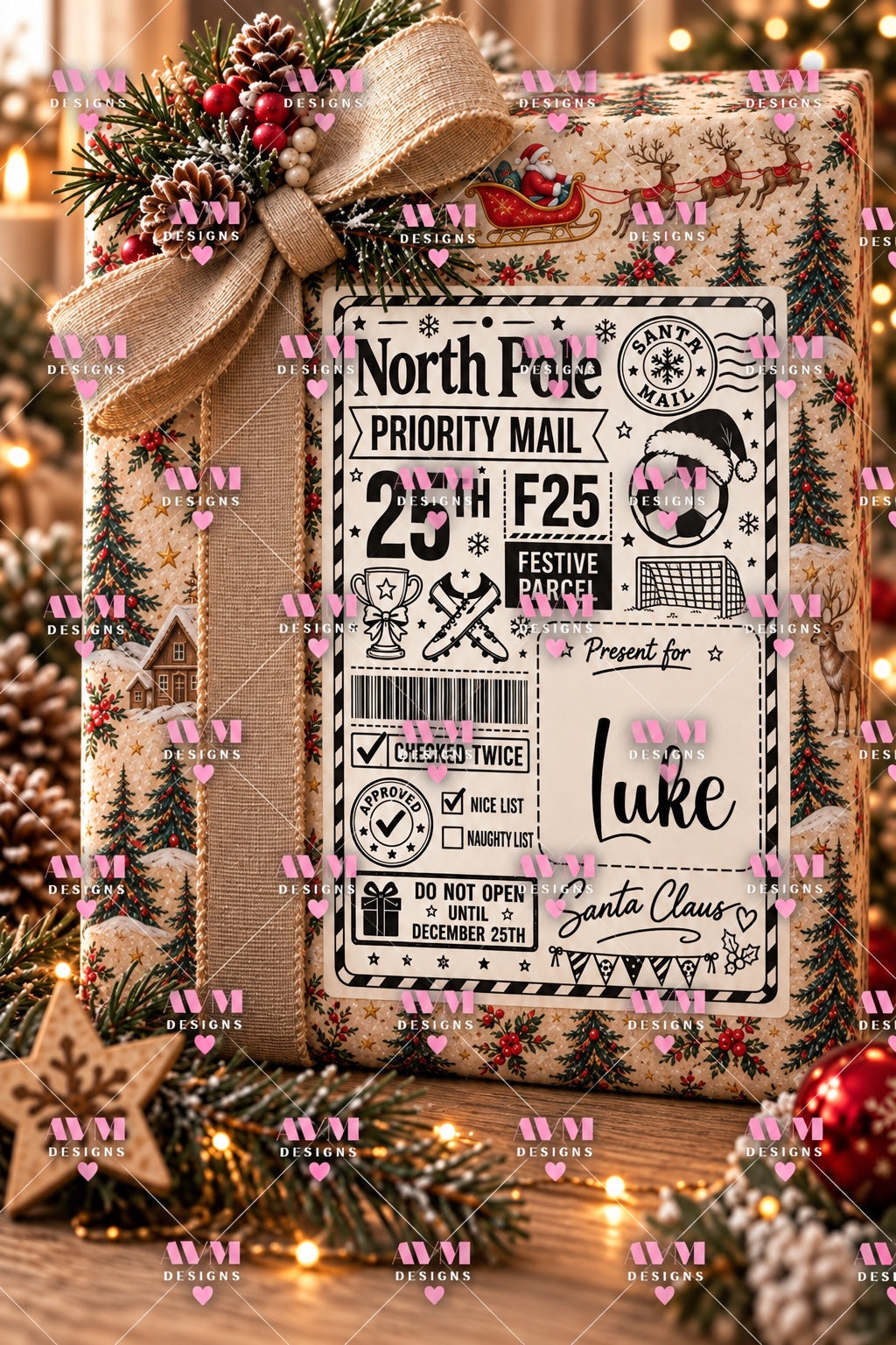 Design 8 Football personalised North Pole Christmas gift label example for Luke