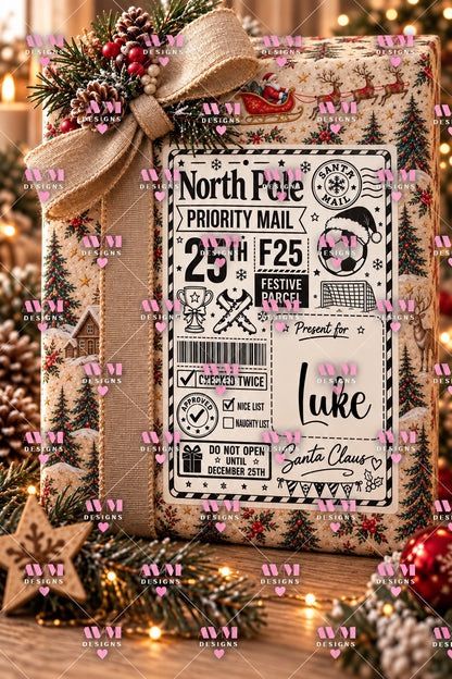 Design 8 Football personalised North Pole Christmas gift label example for Luke