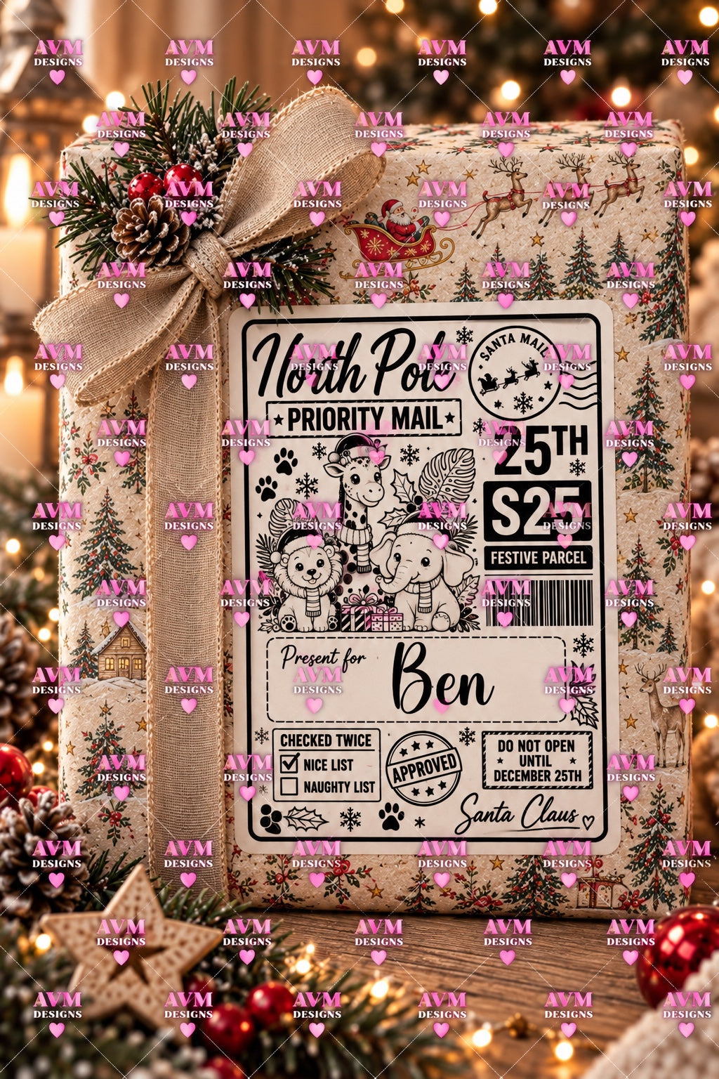 Design 9 Festive Animals personalised North Pole Christmas gift label example for Ben