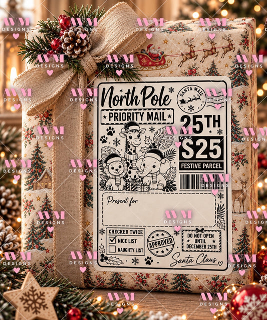 Design 9 Festive Animals personalised North Pole Christmas gift label