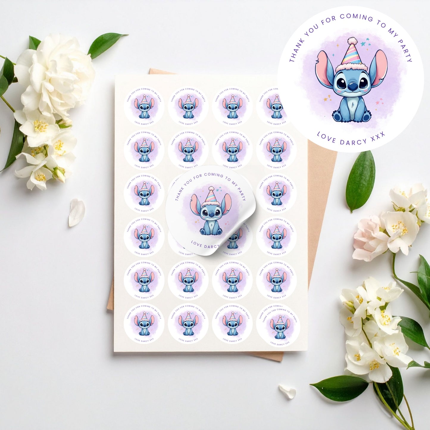 Personalised cute character thank you stickers on an A4 sheet with 20 stickers