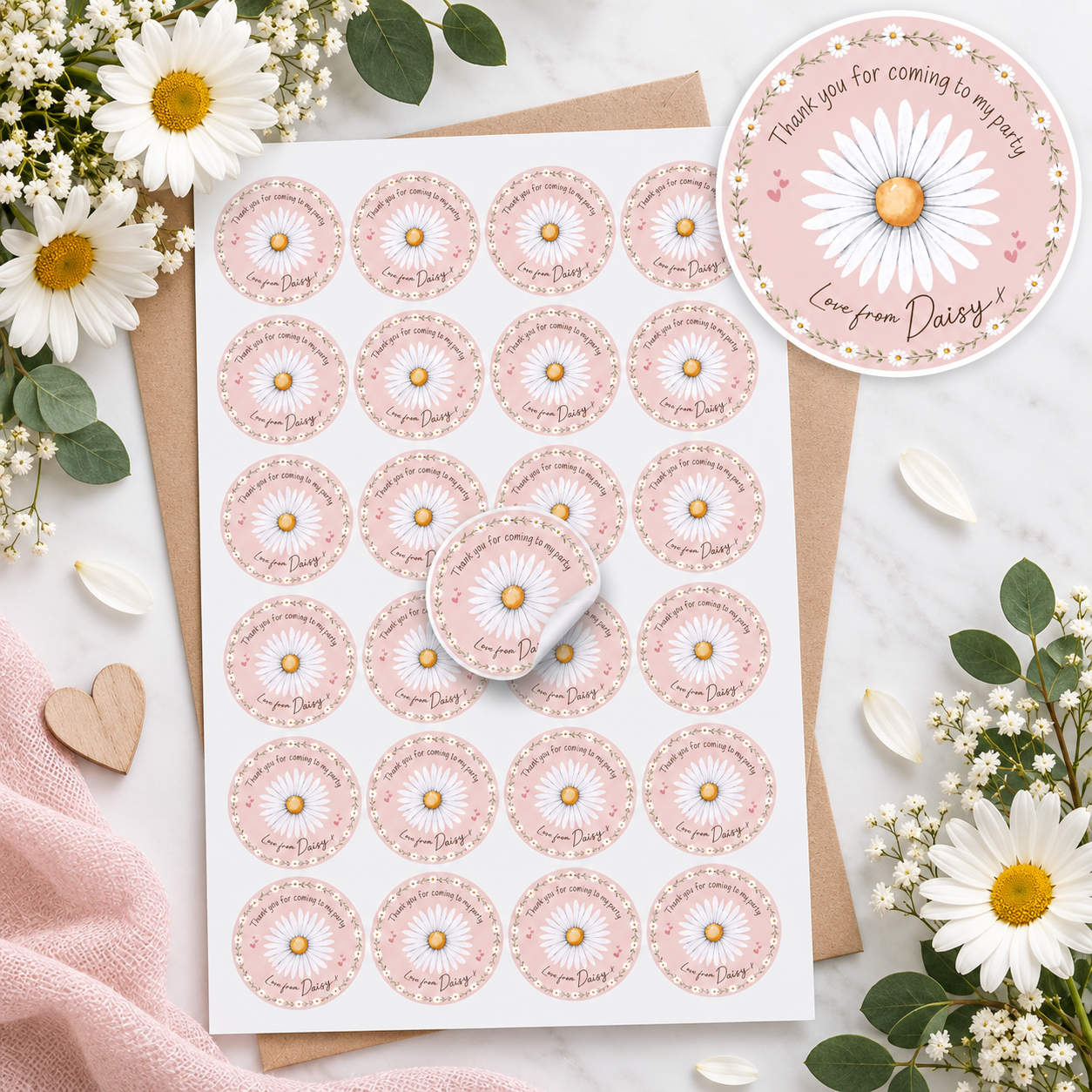 Personalised daisy thank you stickers on an A4 sheet with 20 stickers