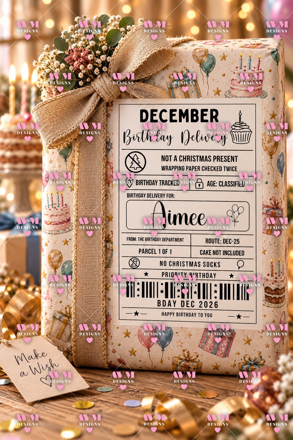 Design 7 December Birthday Delivery personalised gift label example for Aimee