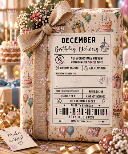 Design 7 December Birthday Delivery personalised gift label