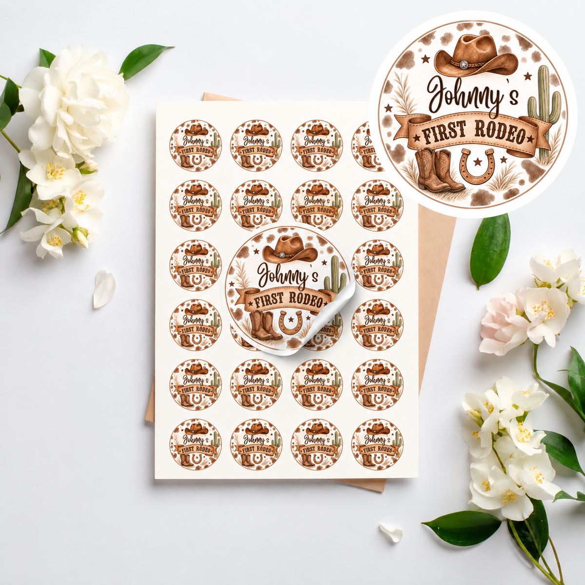 Personalised cowboy first rodeo birthday stickers displayed on an A4 sheet with 20 stickers