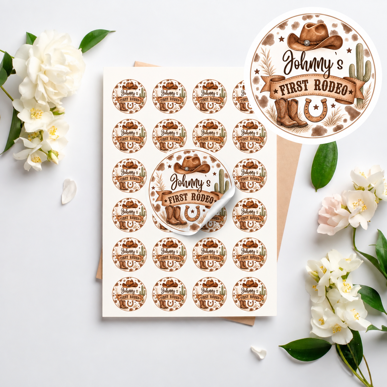 Personalised cowboy first rodeo birthday stickers displayed on an A4 sheet with 20 stickers