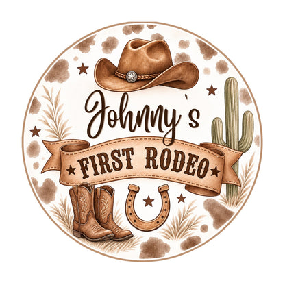 Personalised cowboy First Rodeo birthday sticker, 4cm round
