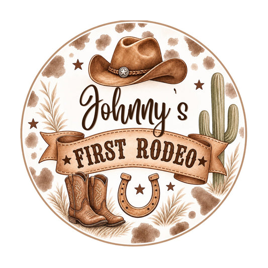 Personalised cowboy First Rodeo birthday sticker, 4cm round