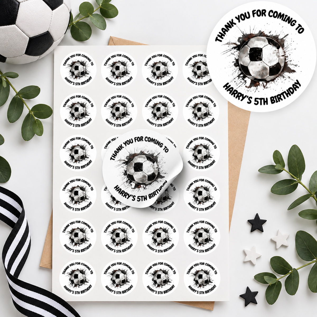 Personalised football thank you stickers on an A4 sheet with 20 stickers