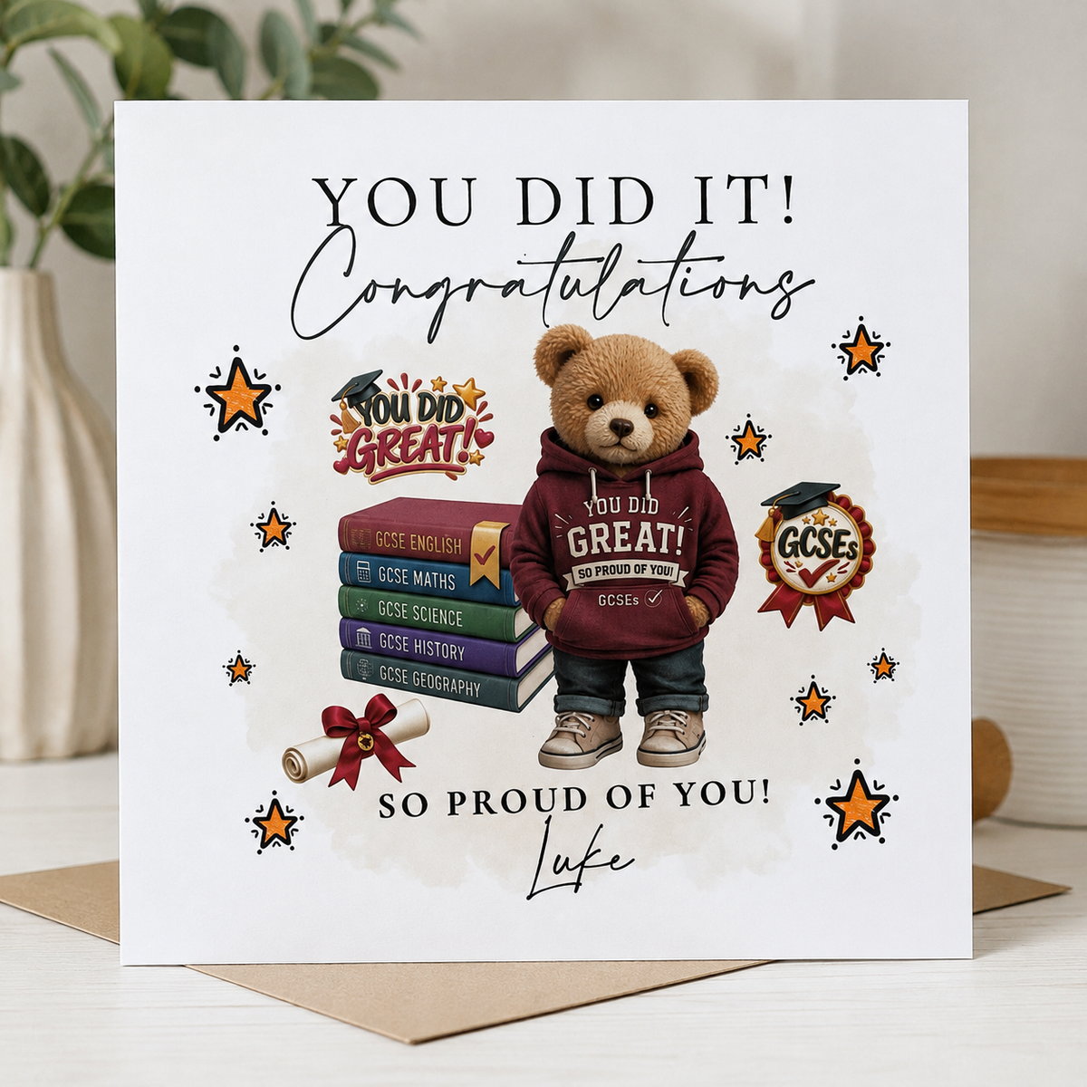 Personalised GCSE congratulations card displayed with envelope