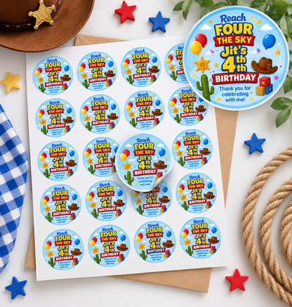 Jit's 4th birthday personalised cowboy stickers on an A4 sheet with 20 stickers